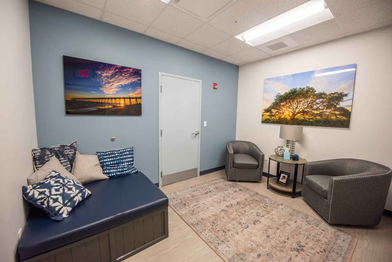 The Rainbow Bridge room at Cordova Animal Medical Center with two seats and a comfortable, large bed.
